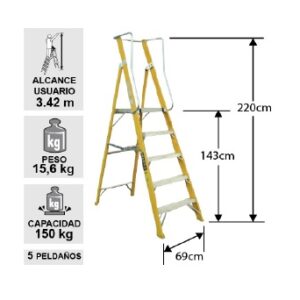 Escala Fibra de Vidrio con plataforma y baranda de 5 peldaños